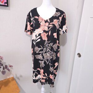 Nicole Miller Linen Blend Shift Short Sleeve Black Floral Dress - Large